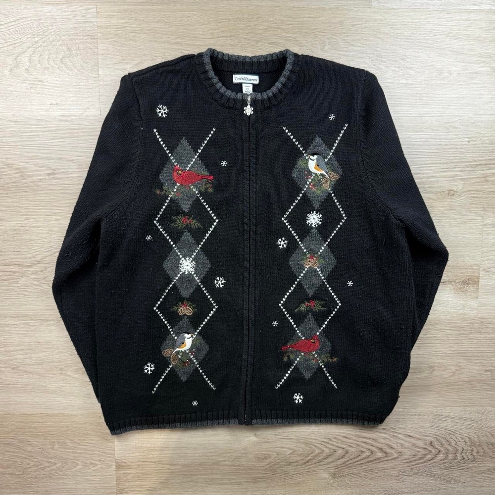 Croft & Barrow Winter Birds Embroidered Full Zip Cardigan Knit Sweater Jacket 1X